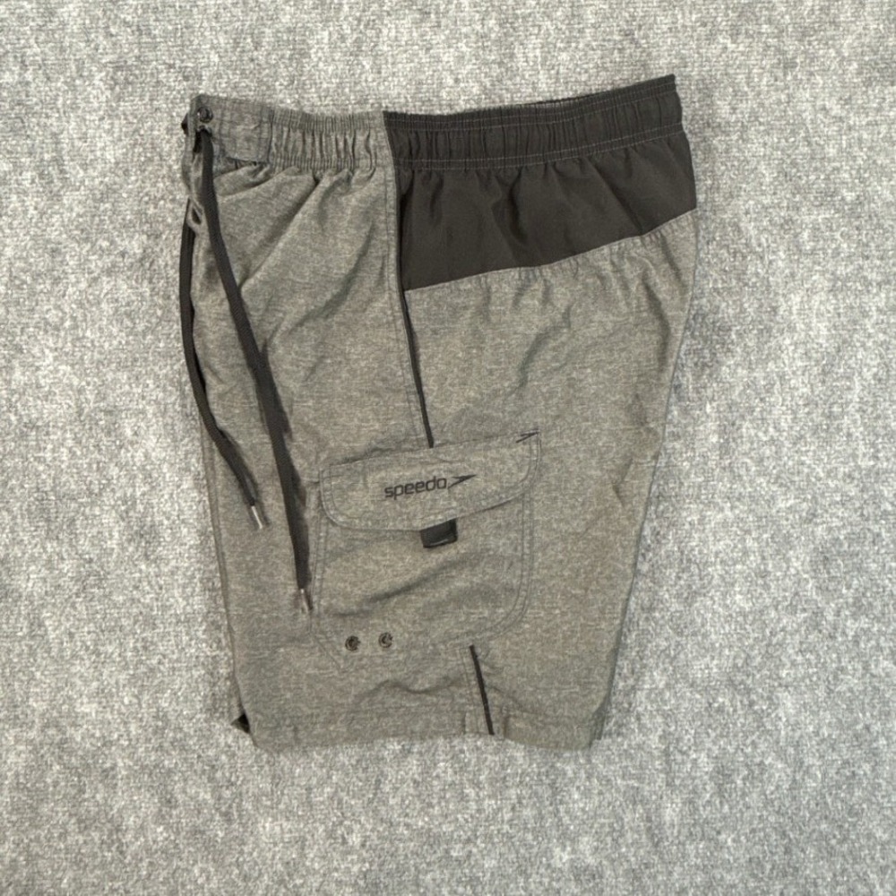 Speedo Mens Large Gray Heathered Swim Trunks Cargo Pocket Mesh Lined